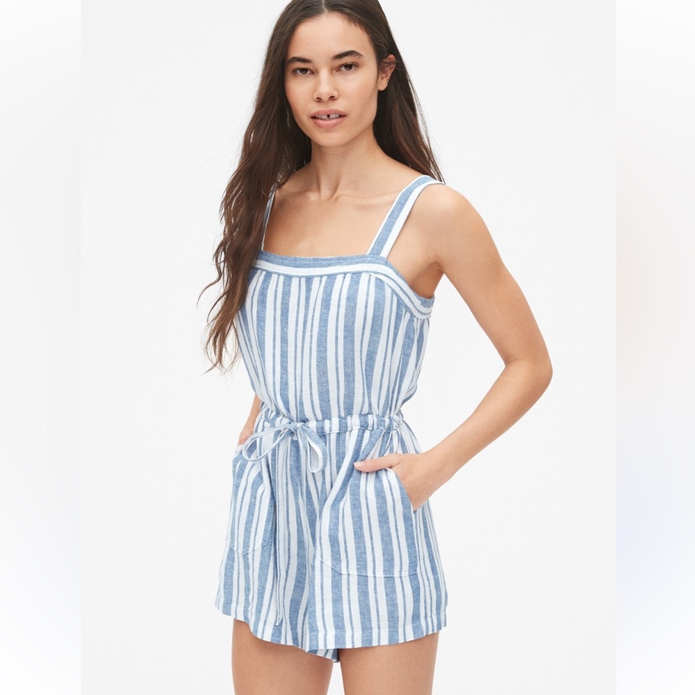 Linen-blend blue and white striped romper